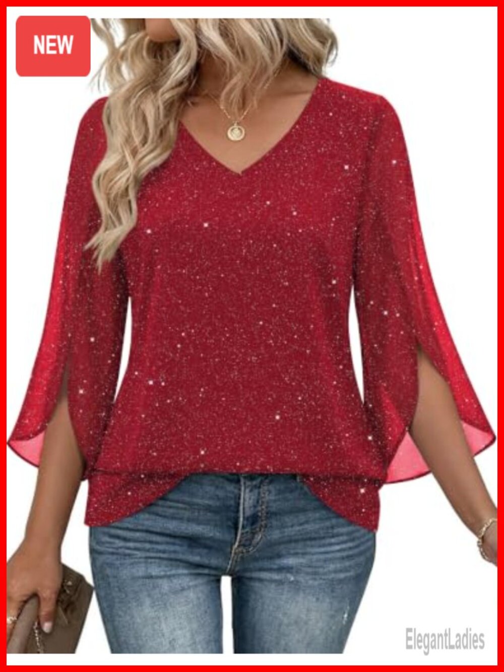 Zeagoo Women's Ruffle 3/4 Sleeve Sequin Tunic Blouse V Neck Double Layer